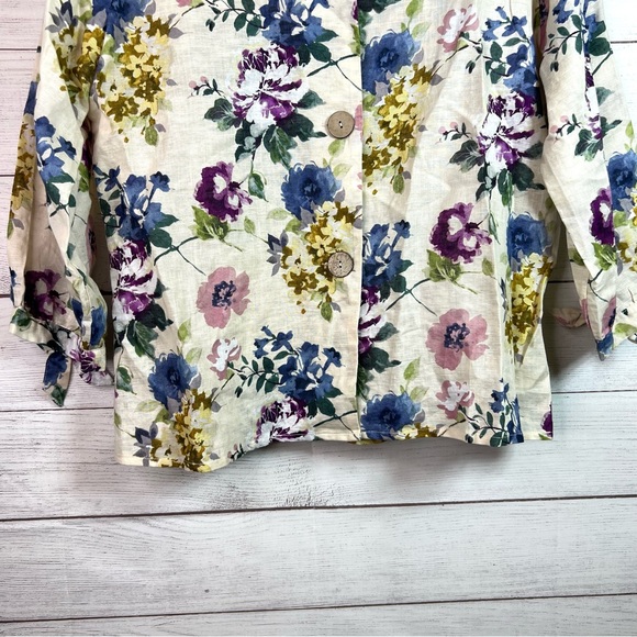 Hester & Orchard Linen Blend Blouse Floral Button Closure Tie sleeve Size L - Picture 4 of 9